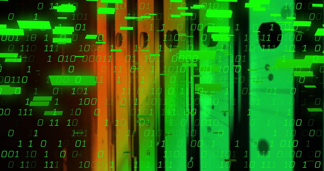 Binary Code and Glowing Server Racks in High-Tech Data Center