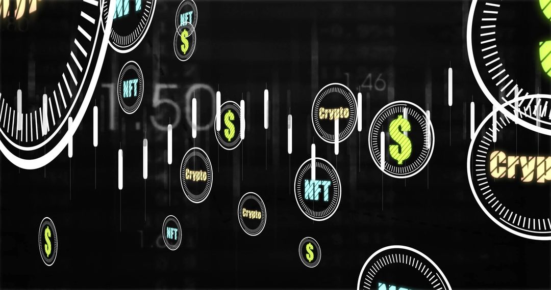 Digital Currency Icons on Black Displaying Financial Dynamics