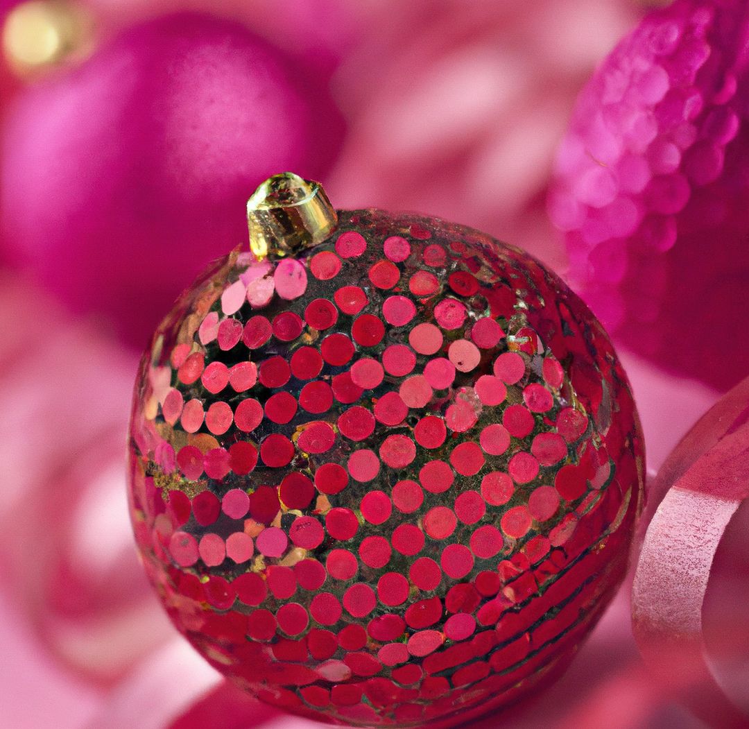 Close up of pink christmas baubles with spots on blurred background - Free Images, Stock Photos and Pictures on Pikwizard.com