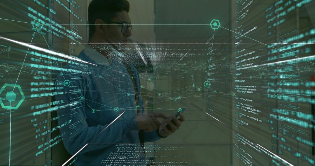 Businessman Interacting with Holographic Data Display