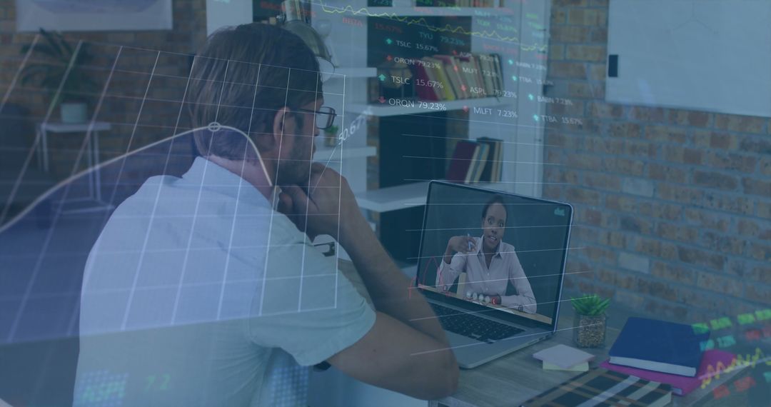 Man Engaging in Online Business Meeting with Stock Data Overlay