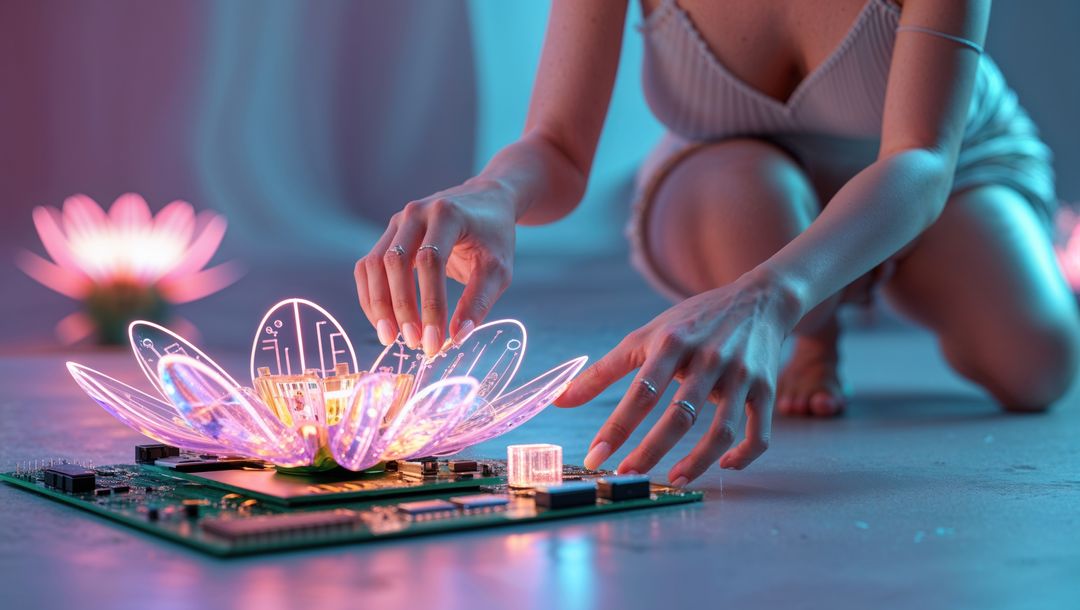 Woman Adjusting Neon Lotus on Circuit Board in Tech Lab