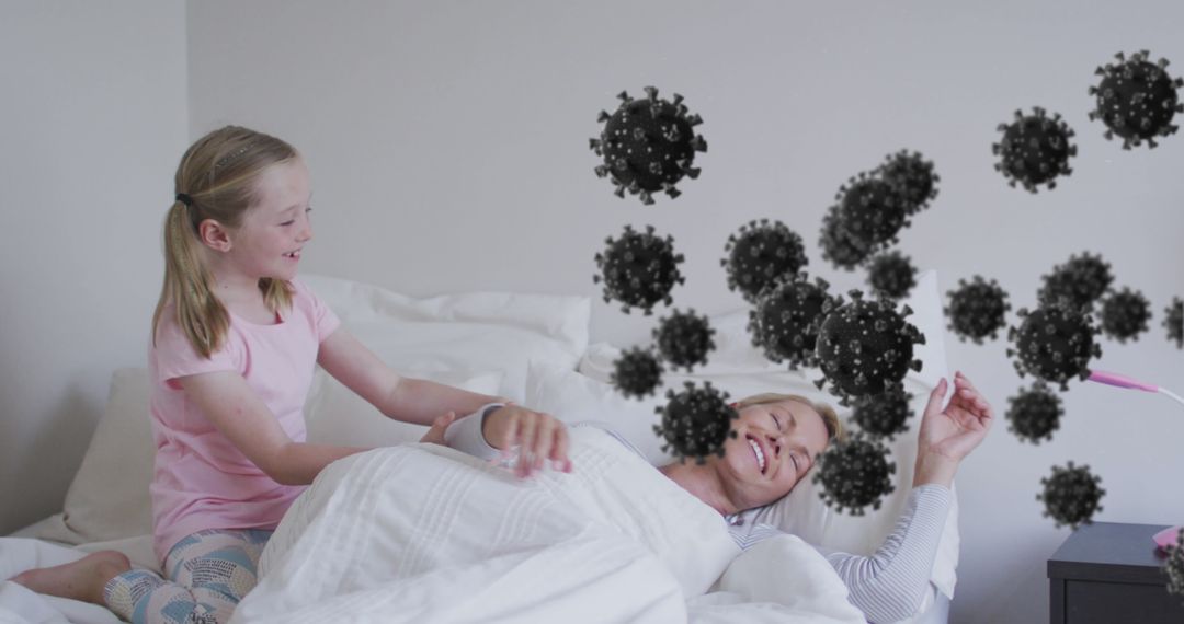Caring Child Nursing Parent in Bed While Unwell