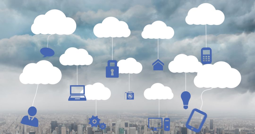 Digital Cloud Icons Above Cityscape Symbolizing Data Storage