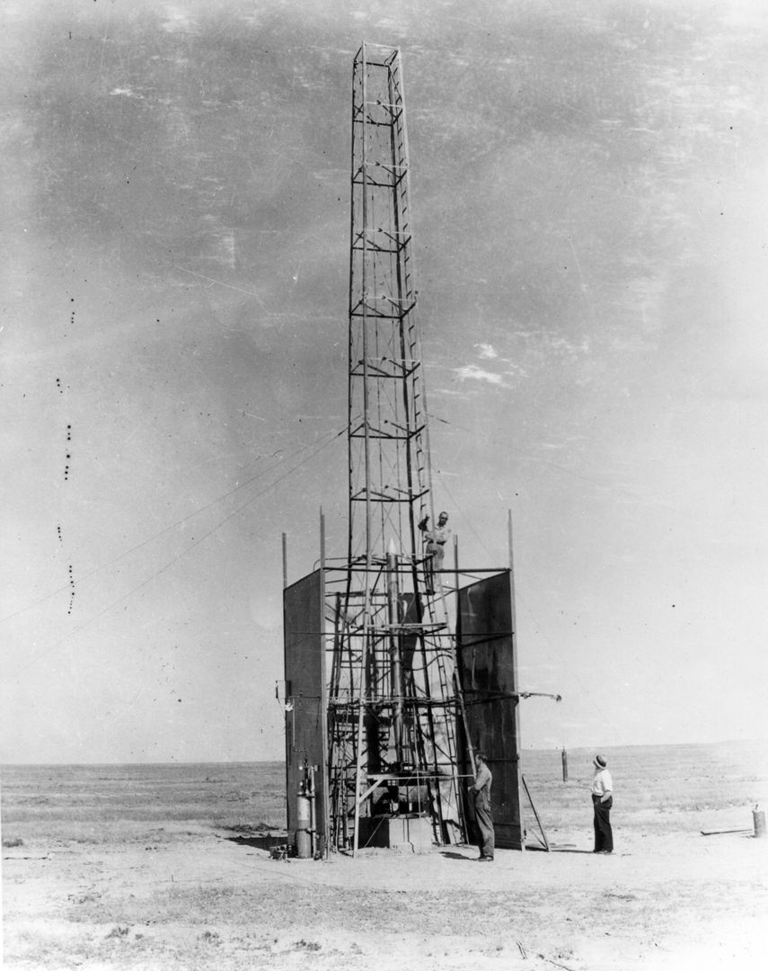 Dr. Robert Goddard Setting Up Rocket for Test Launch, New Mexico, October 29, 1935 - Free Images, Stock Photos and Pictures on Pikwizard.com