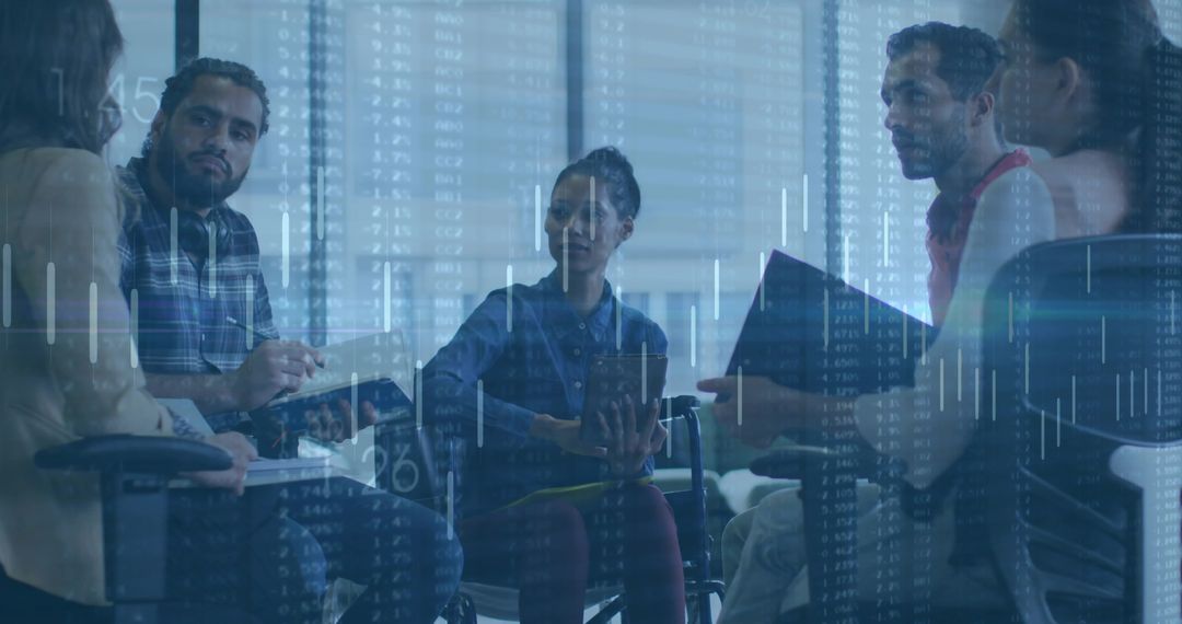 Modern Teamwork Meeting with Digital Data Overlay in Conference Room