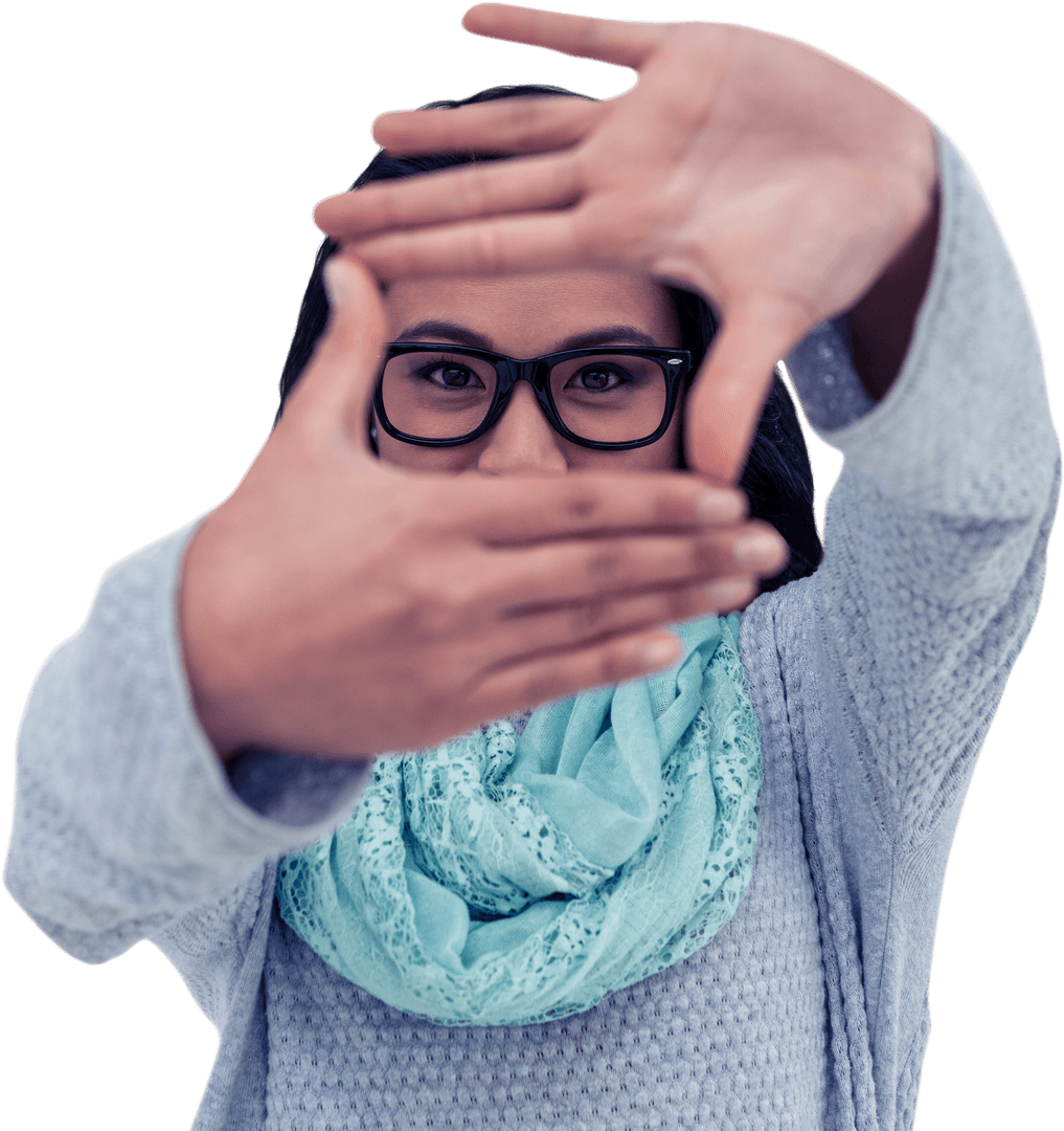 Asian Woman Creating Frame with Hands Transparent Background
