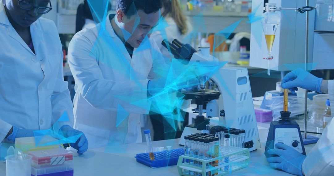 Innovative Scientists Conducting Research with Digital Overlay in Laboratory