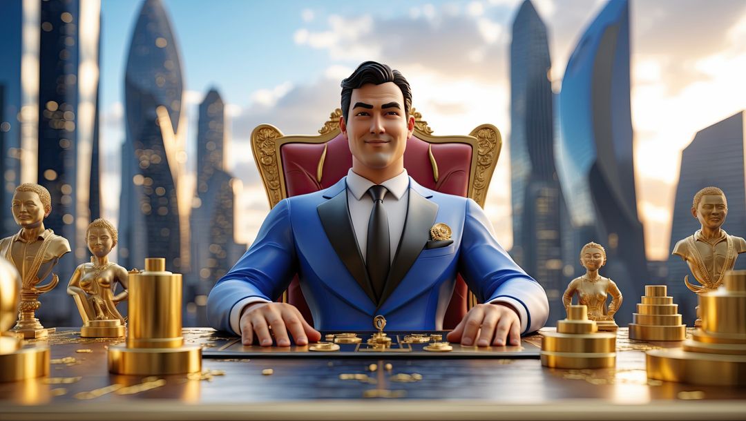 Authoritative executive in opulent office with gold accents, millionaire lifestyle