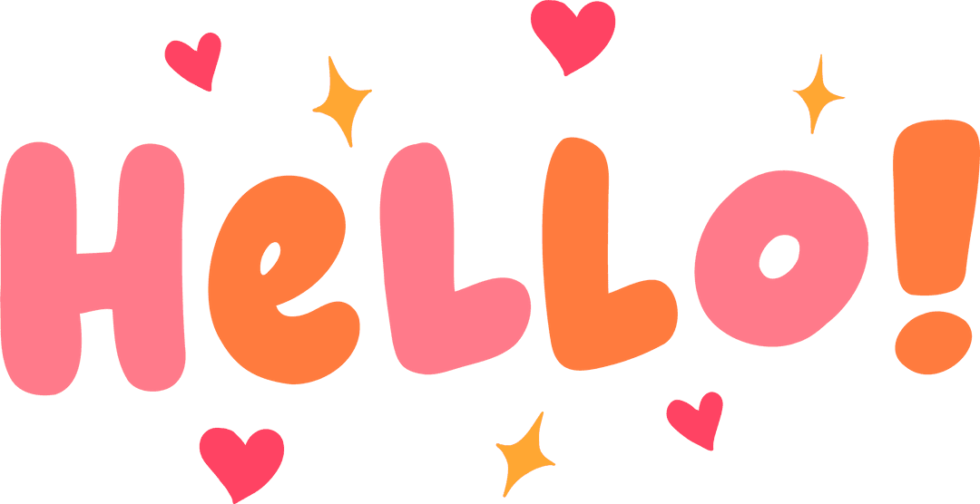 Transparent Bubbly Hello Typography with Hearts and Sparkles