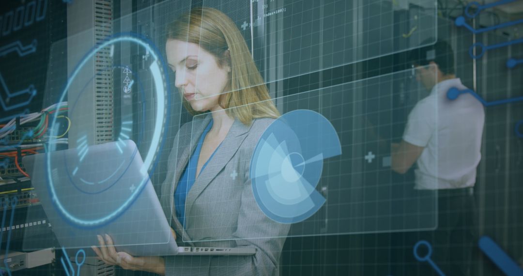 Technology Professionals Managing Server with Holographic Interfaces