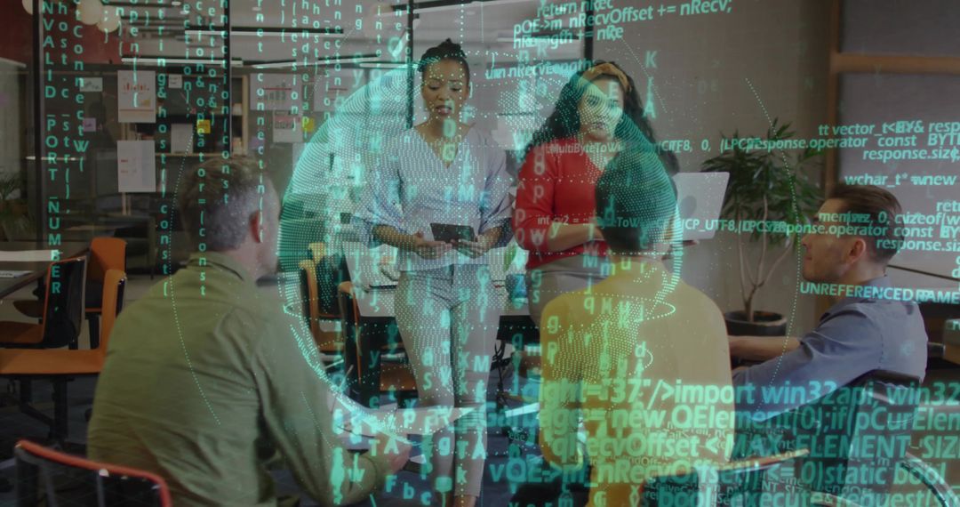 Diverse Team Collaborates with Digital Visuals in Modern Office