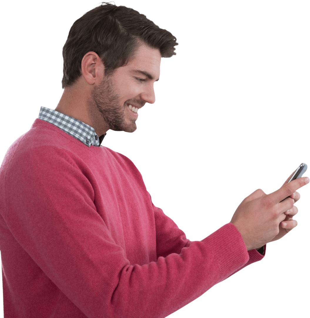 Smiling Bearded Man Typing on Smartphone Transparent Background