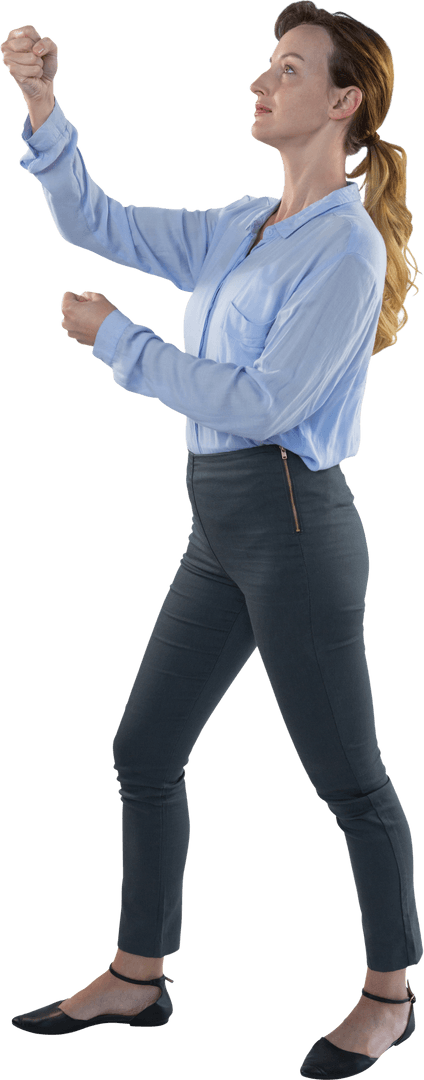 Confident Businesswoman Holding Invisible Object Transparent