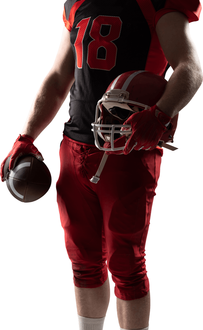 Transparent View of American Football Player Holding Helmet and Ball