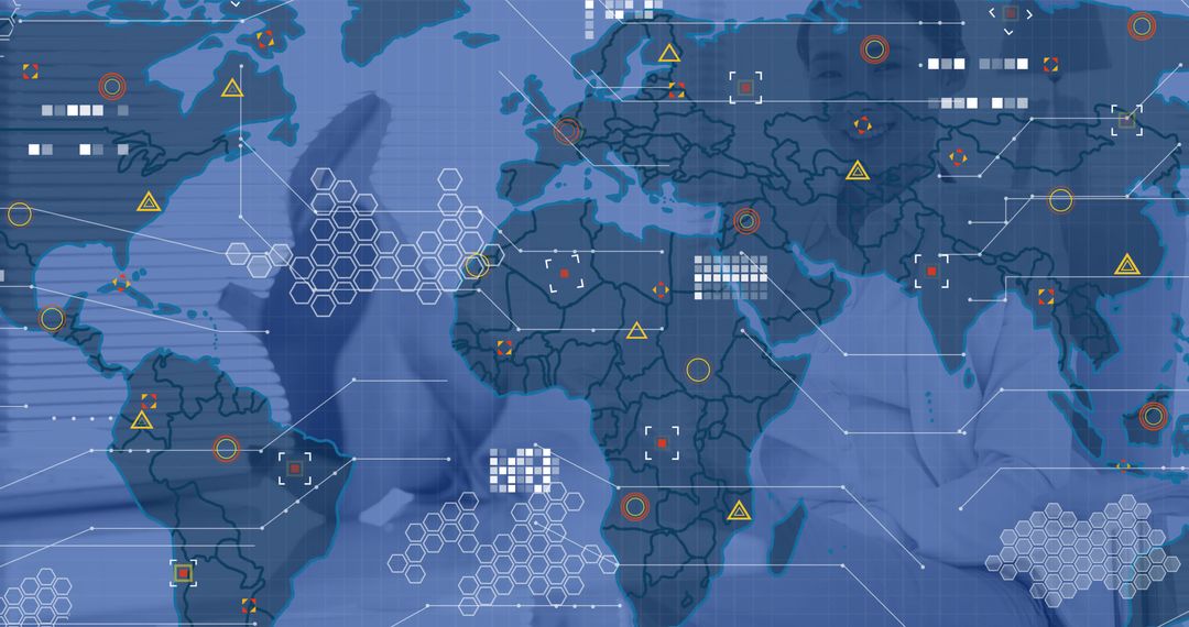 Global health data network with transparent Chinese doctor in white coat over world map