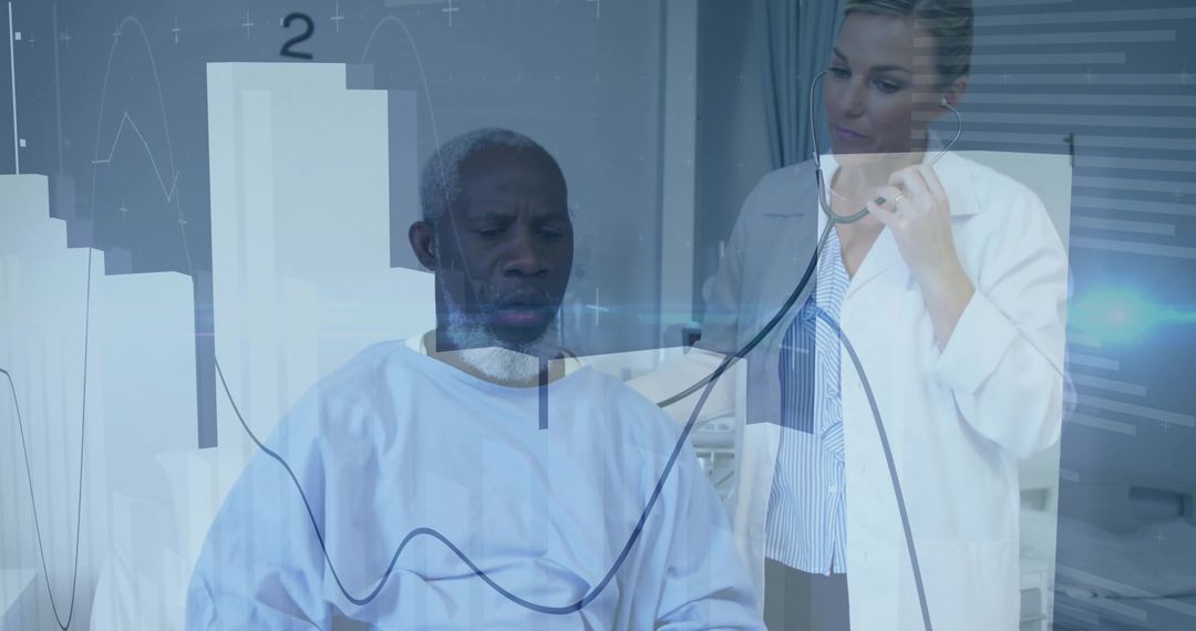 Senior Patient Being Monitored by Doctor with Digital Overlay