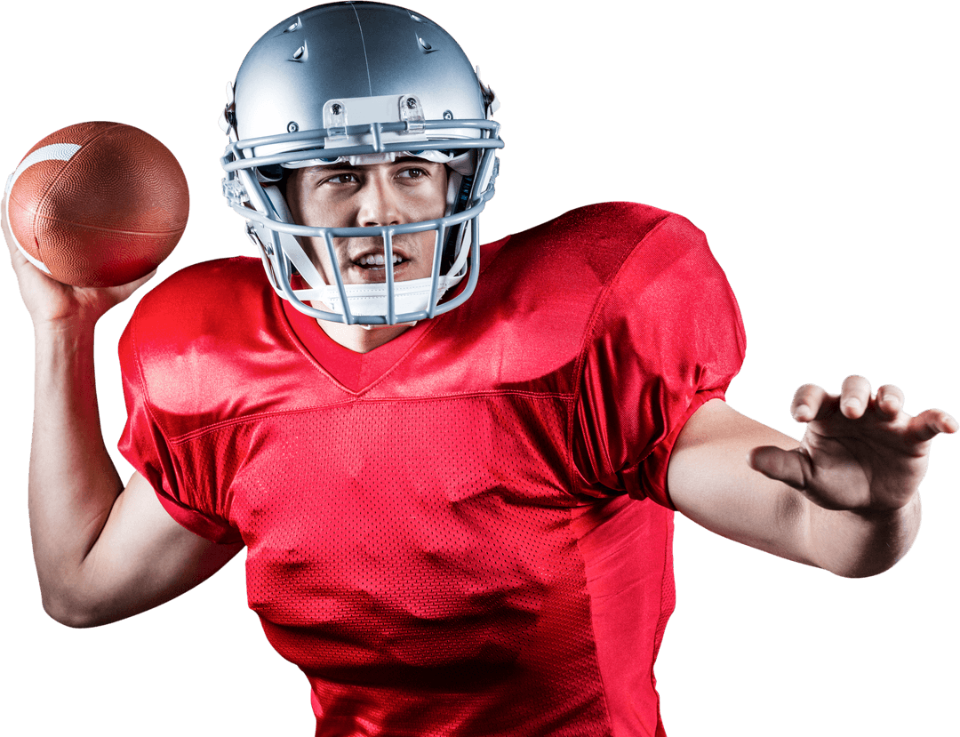 Focused American Football Player Throwing Ball on Transparent Background