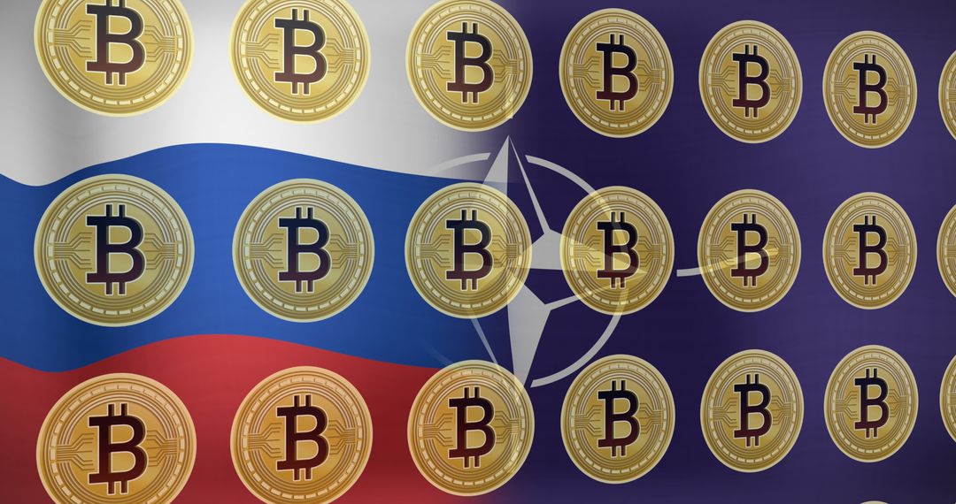 Bitcoin Over Russian and NATO Flags Representing Crypto and Geopolitics