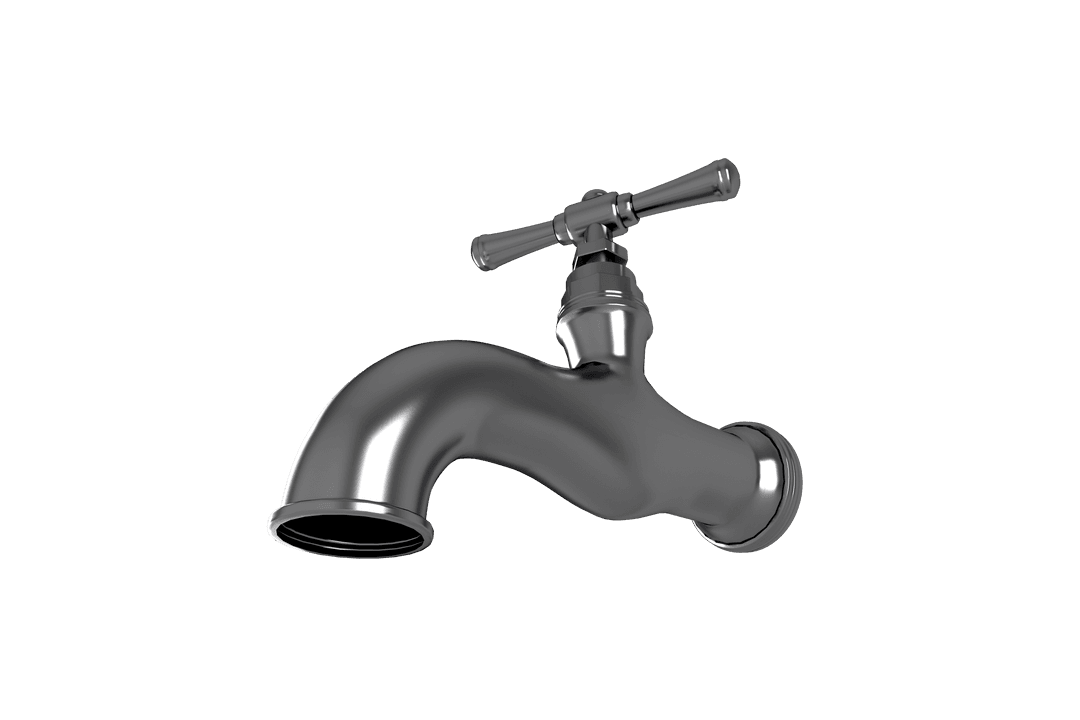 Low Angle View of Metallic Water Faucet on Transparent Background