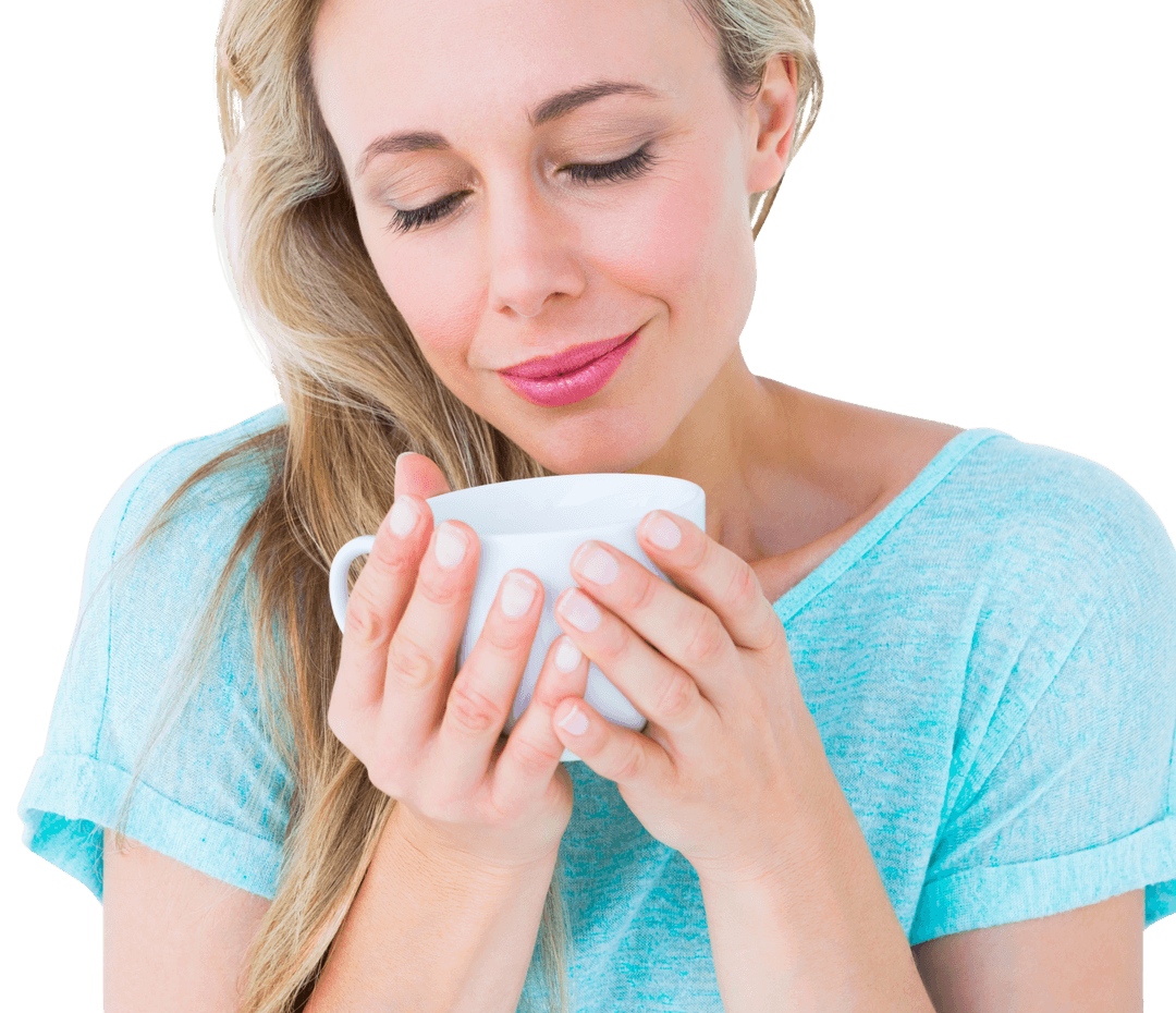Woman Enjoying Hot Beverage, Expression of Relaxation Transparent Background