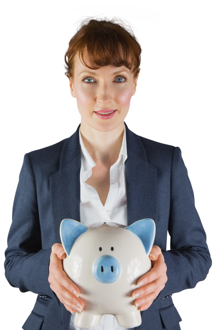 Happy Businesswoman Holding Piggy Bank on Transparent Background - Download Free Stock Images Pikwizard.com