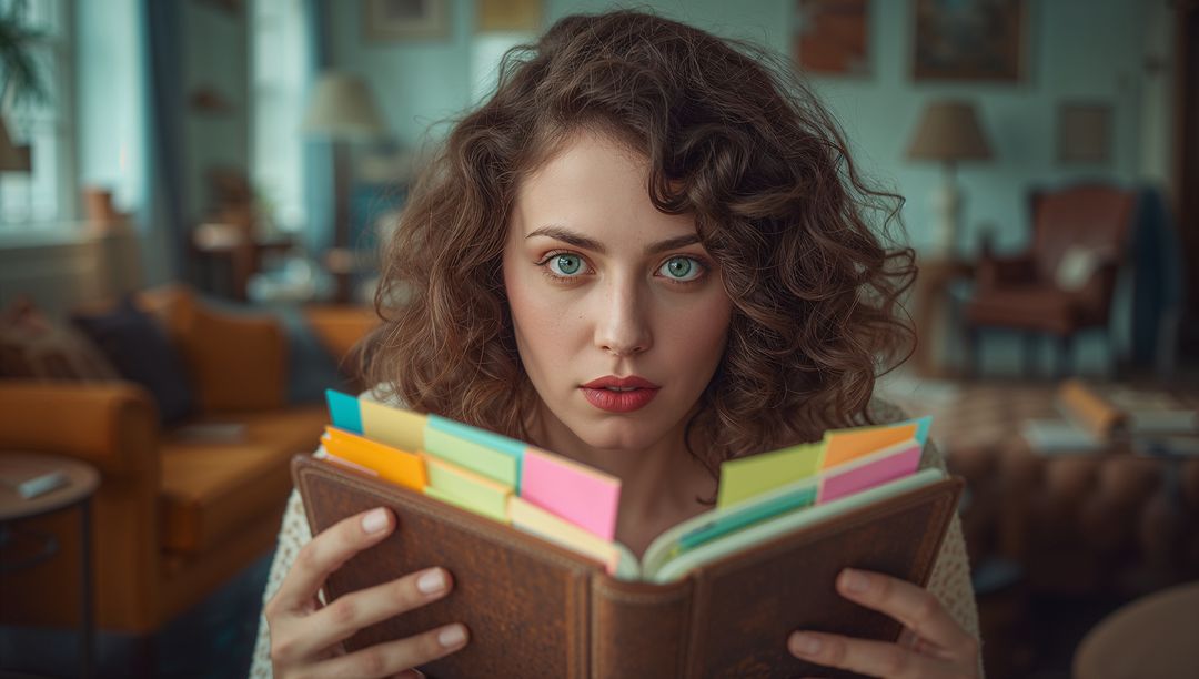 Curly Haired Woman Engaging With Notebook in Cozy Study