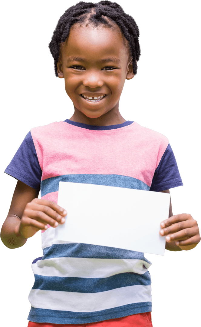 Smiling Child Holding Blank Paper on Transparent Background