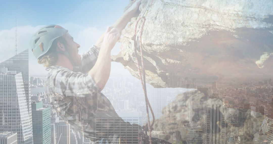 Man Rock Climbing Overlaid with Urban Skyline