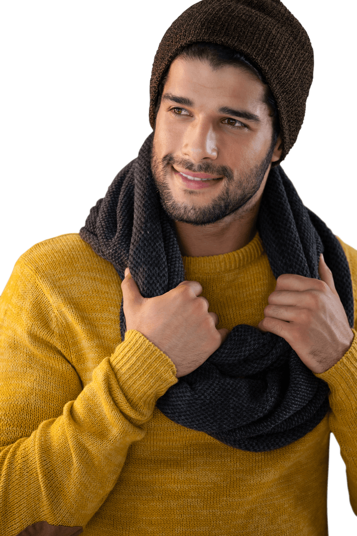 Smiling Young Man with Winter Hat and Scarf on Transparent Background