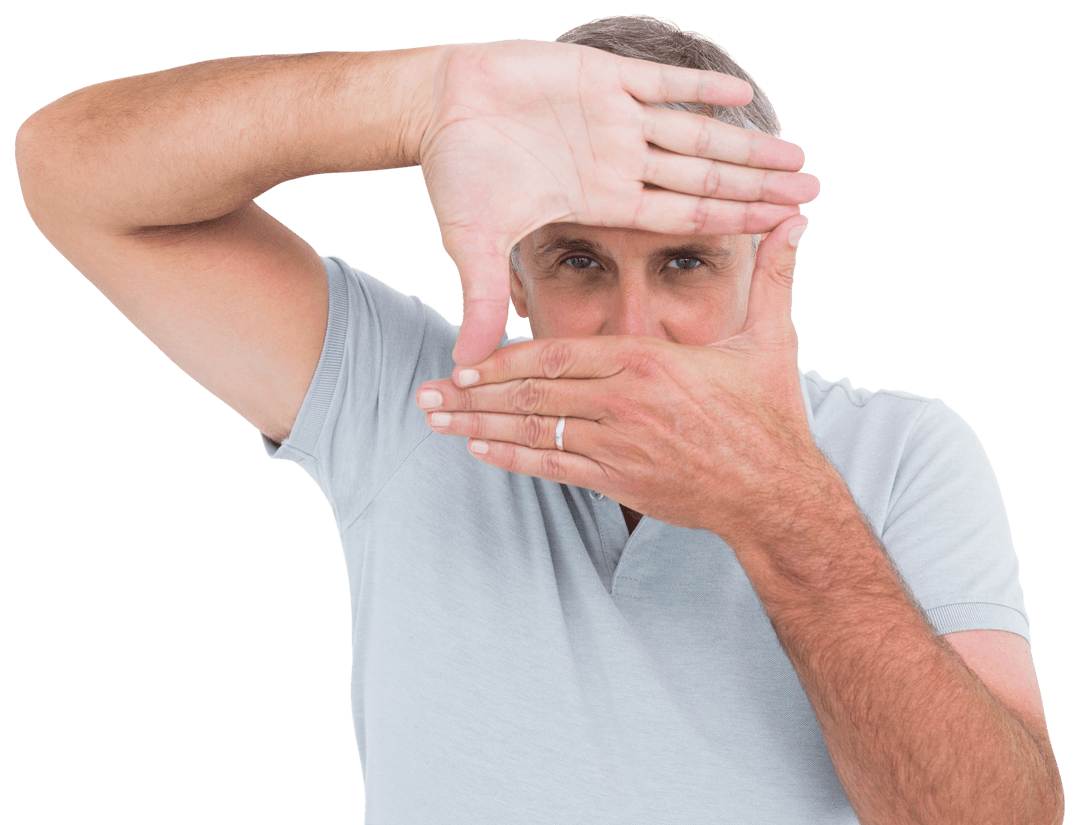 Casual Man Framing Scene with Hands on Transparent Background