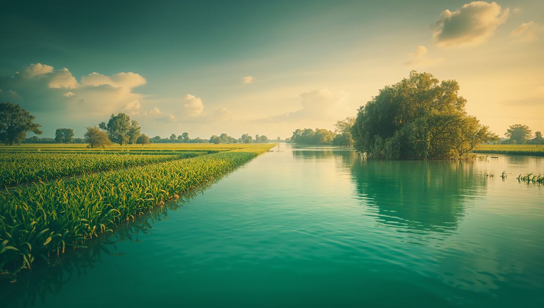 Tranquil Waters Flowing Between Verdant Cropland at Sunset