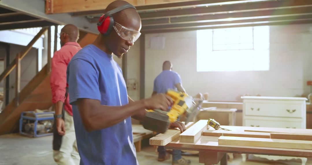 Focused Craftsman Operating Cordless Nail Gun in Busy Workshop