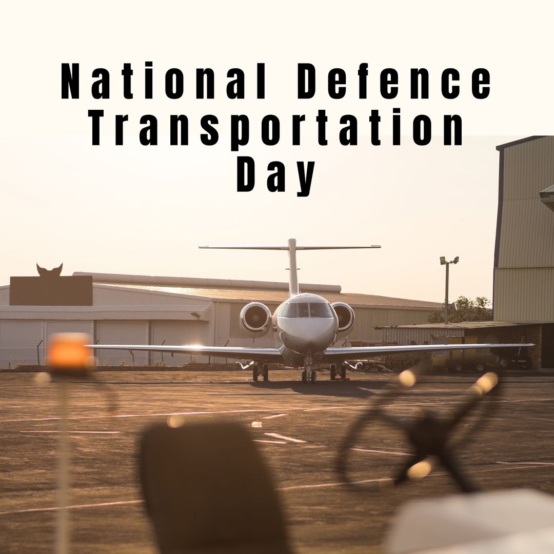 Airplane on Runway at Sunset with National Defence Transportation Day Text