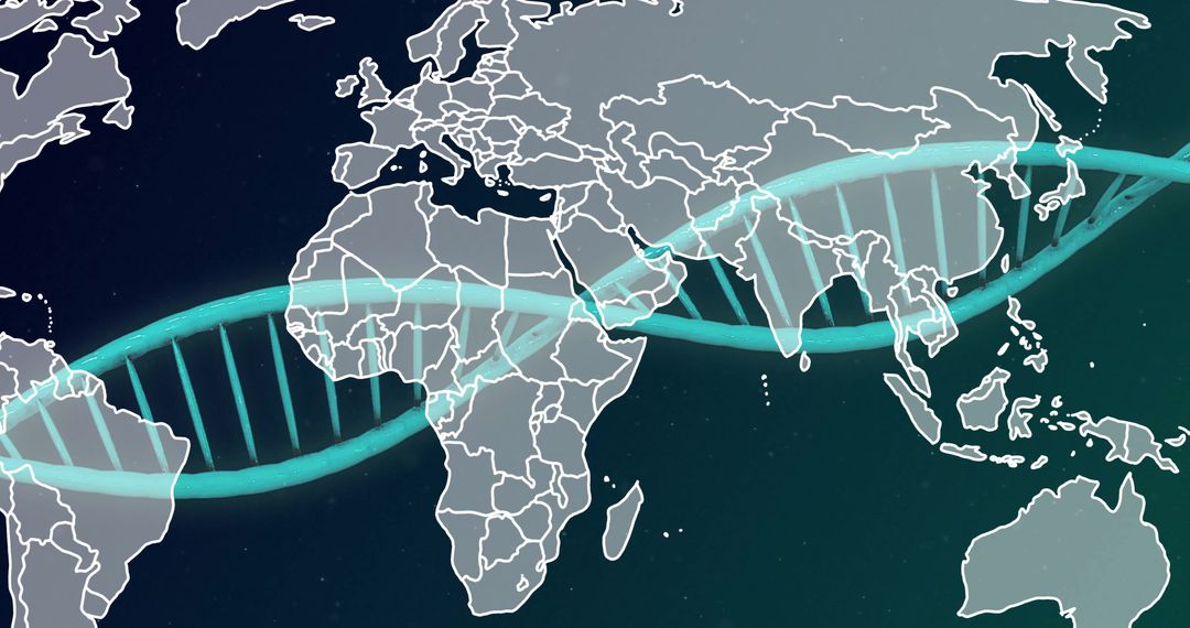 DNA Strand Overlay on World Map Illustrating Global Science and Research