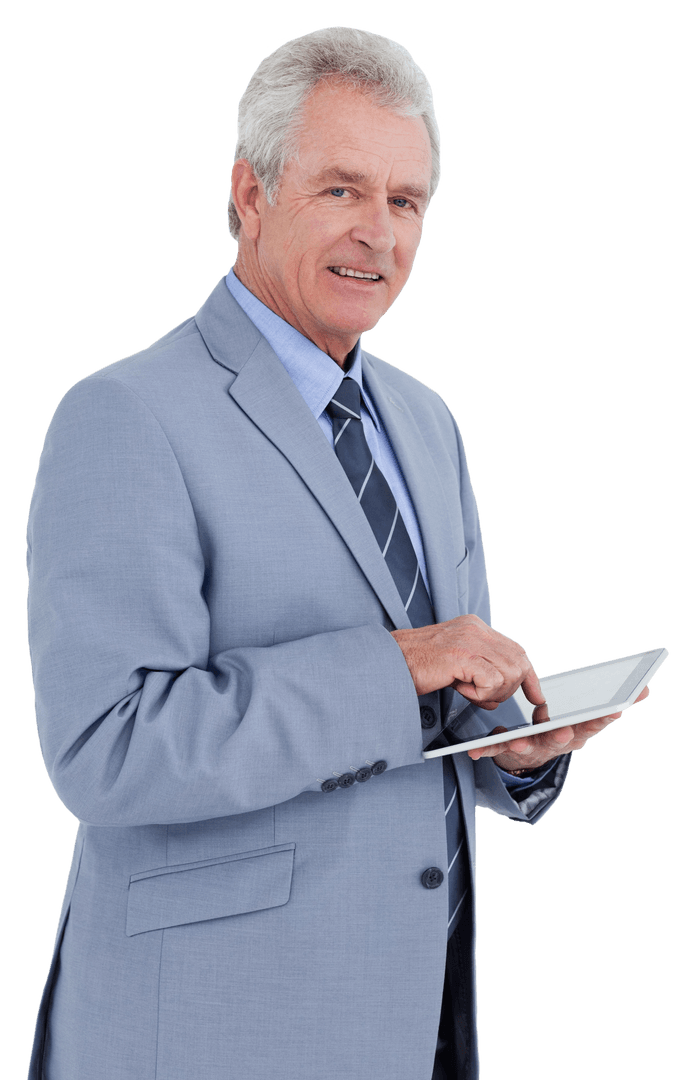 Transparent Mature Businessman Using Tablet in Stylish Suit