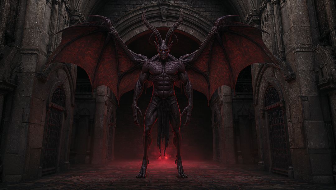 Demonic Creature Spreading Wings inside Gothic Hall