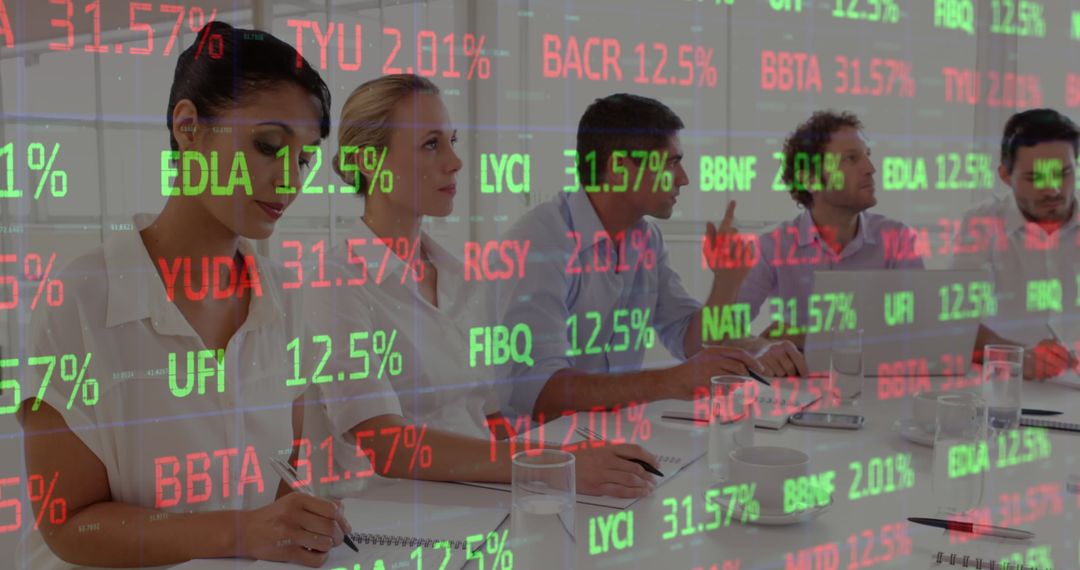 Business Team Analyzing Stock Market Data Projected on Wall