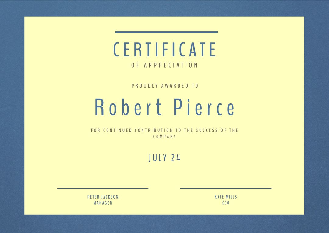 Classic Appreciation Certificate with Blue Border and Yellow Background - Download Free Stock Templates Pikwizard.com