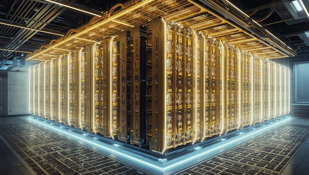 Glowing golden server array in futuristic data center with blue LED floor lighting