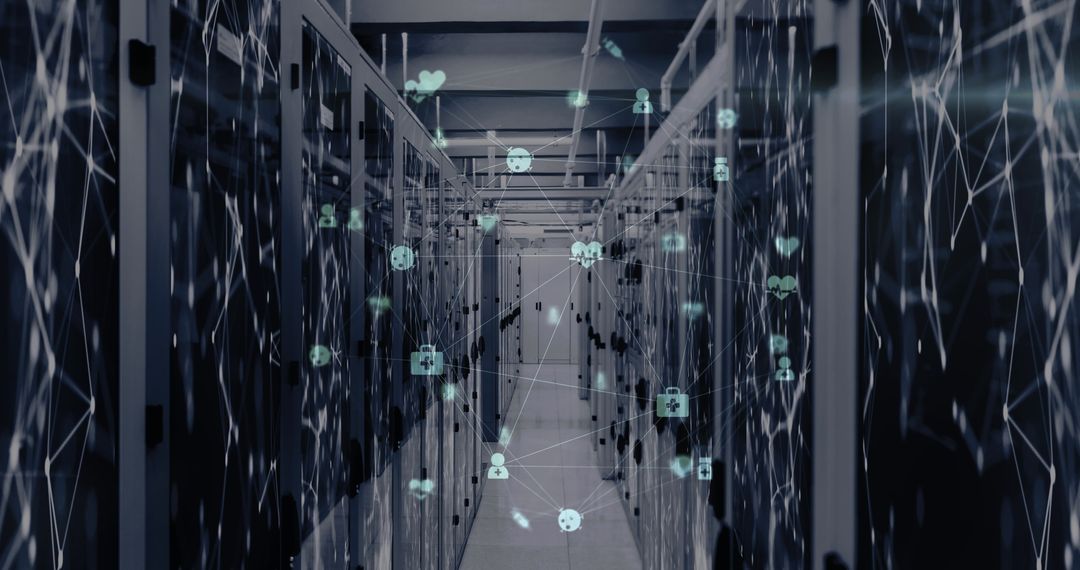 Futuristic Data Center Corridor with Digital Network Connections