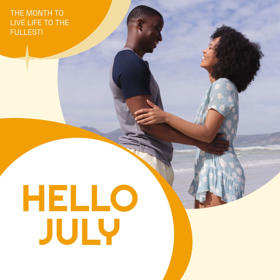 Couple Enjoying Sunny Summer Beach Day with Hello July Message