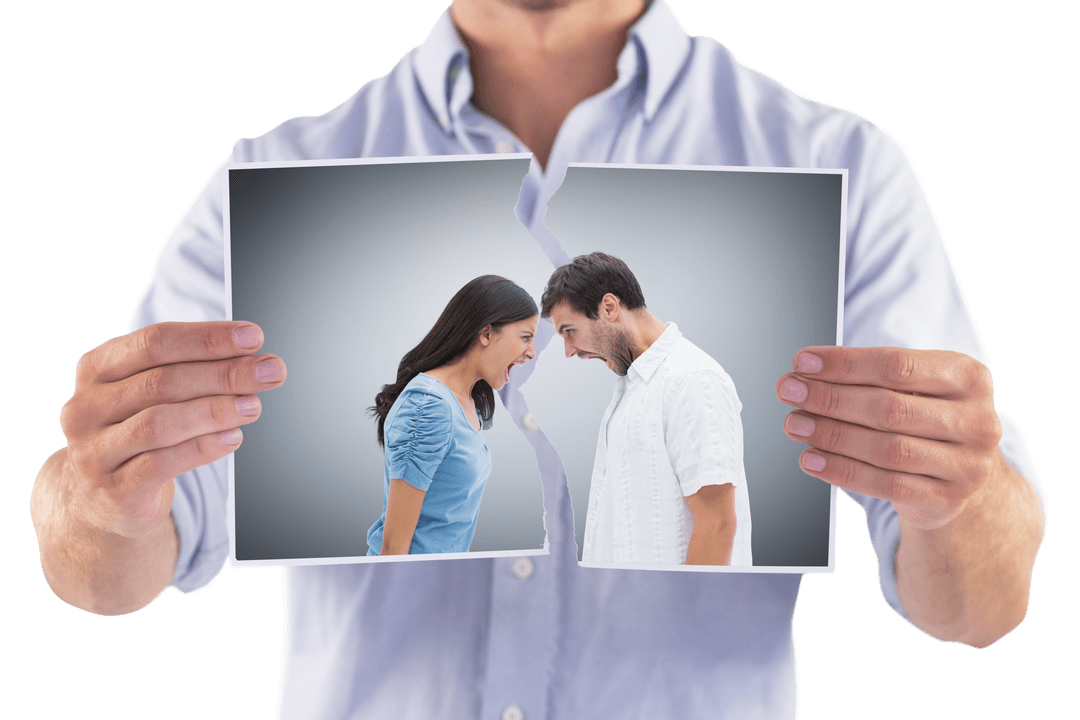 Man Holding Ripped Photo of Arguing Couple on Transparent Background