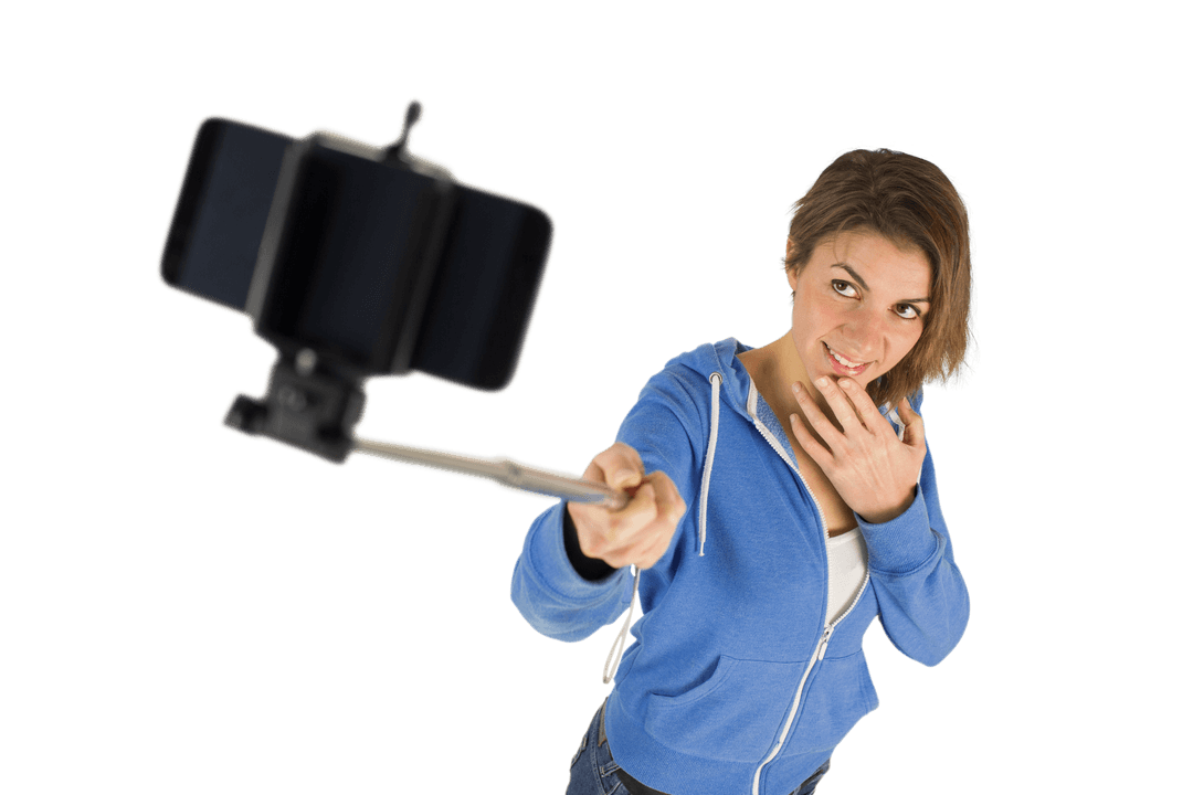 Transparent Background Casual Brunette Taking Selfie with Phone