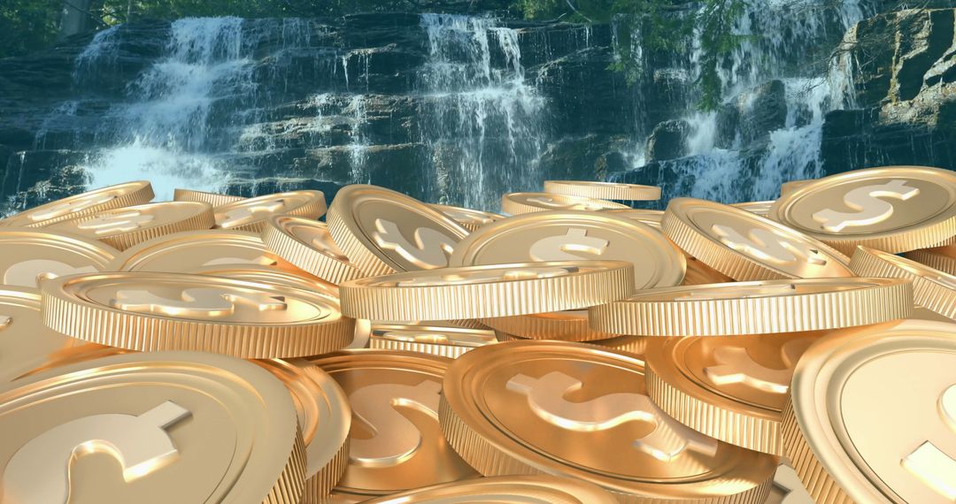Golden Coins and Waterfall Depicting Prosperity in Nature