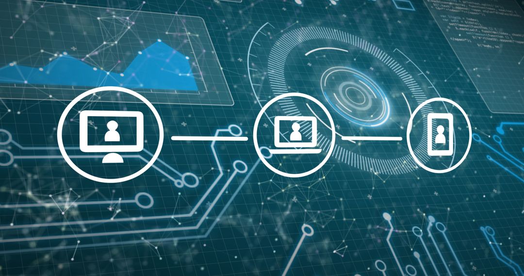 Digital Interface with Network Connections and Data Processing Icons