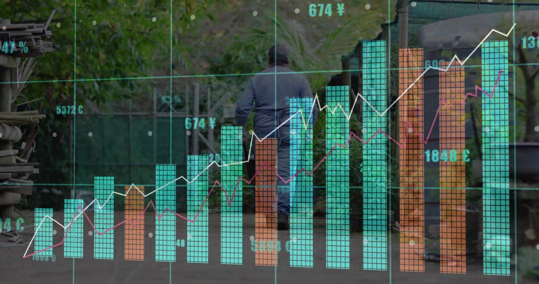 Senior Man Walking Path Overlaid with Finance Growth Charts