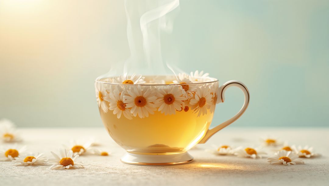 Steaming chamomile tea in daisy-adorned porcelain teacup on pastel teal tabletop
