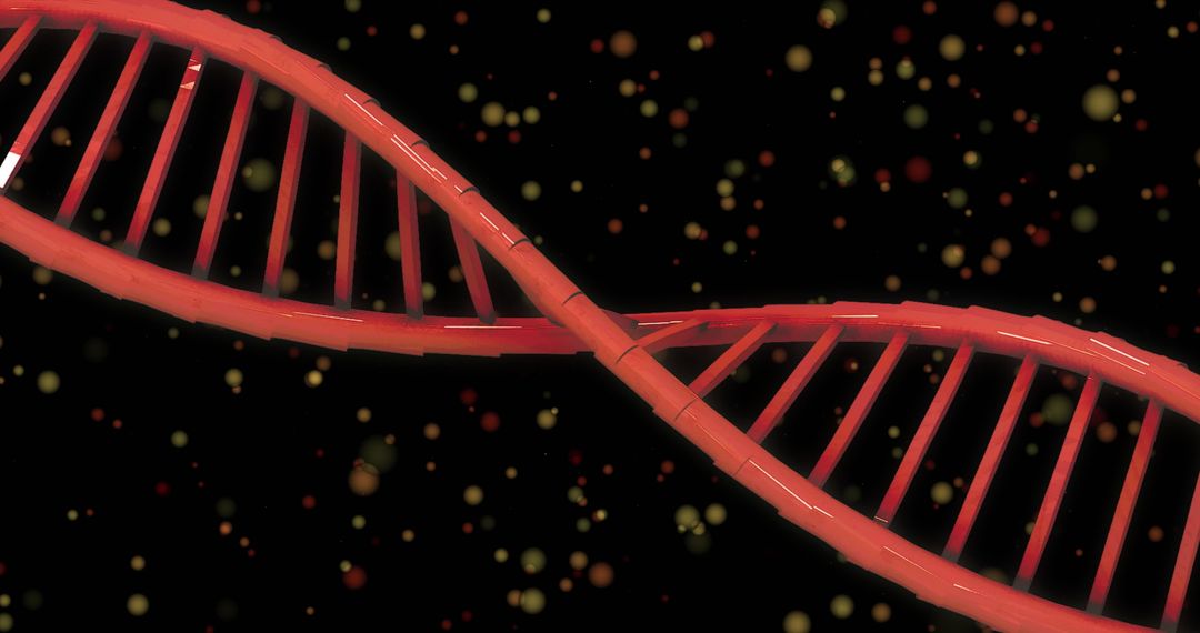 Red DNA Strand on Black Background with Glowing Particles