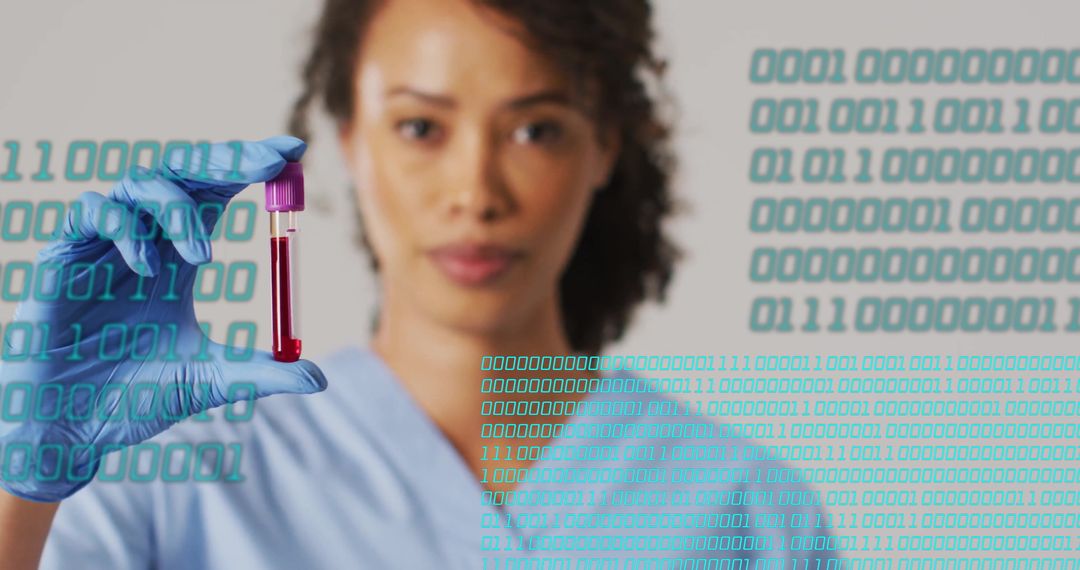 Healthcare Professional Analyzing Blood Sample with Binary Code Overlay